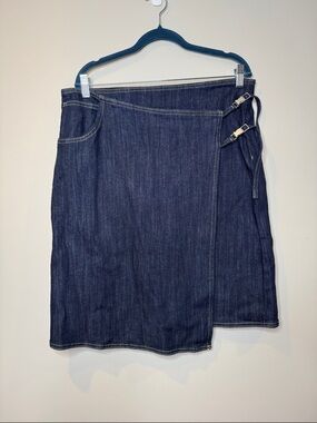 Mango Dark Blue Denim Wrap Mini Skirt with Buckle Straps